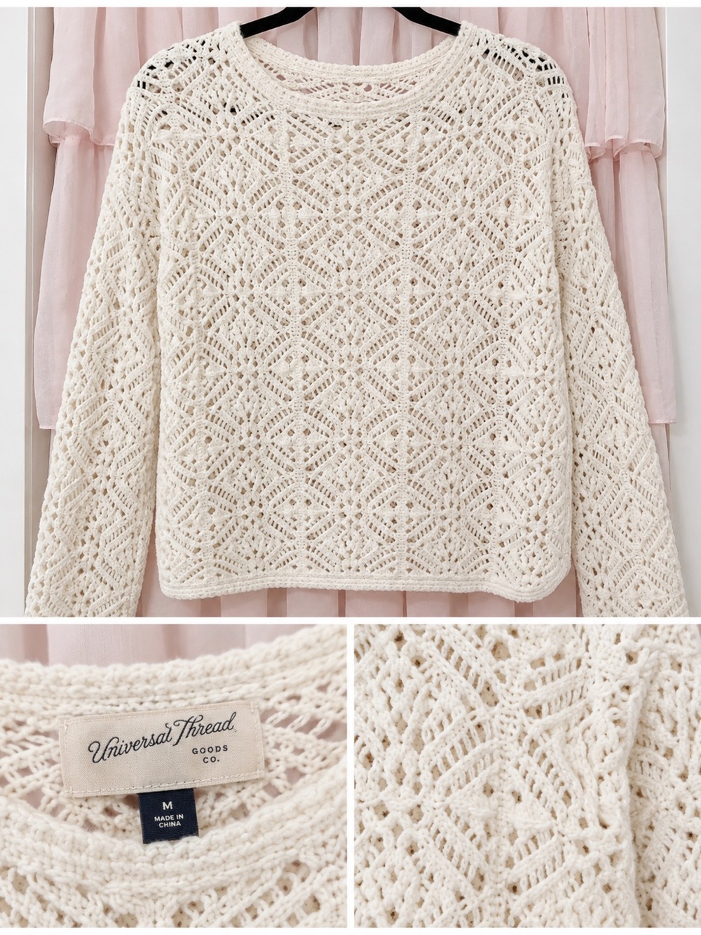 Universal Thread Cream Openwork Crochet Pullover Sweater